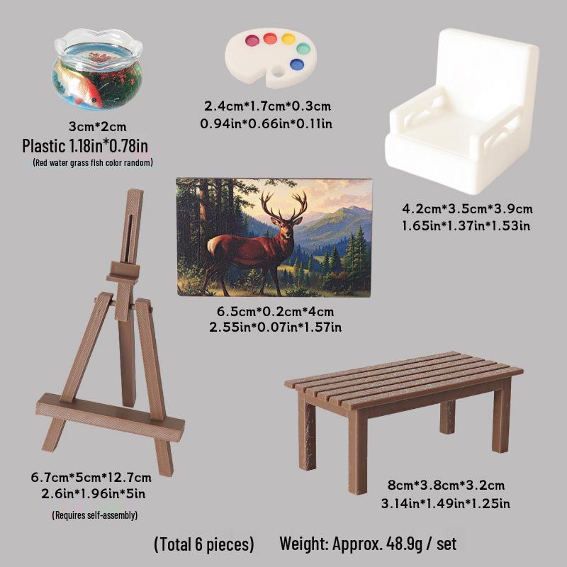 Mini Dollhouse Easel and Table Set - DIY Painting Board and Chair Accessories for Fish Tank or Scene Decor