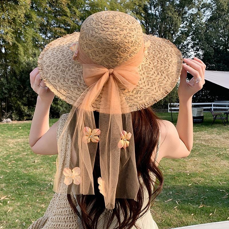 Summer Bow Sun Hat Female, Seaside Beach Vacation Sun Hat Outdoor Big Brim Sun Hat Sweet Straw Hat