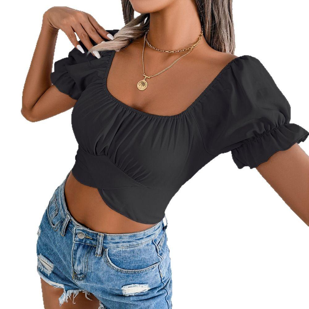 Women Square Neck Puff Sleeve Twist Front Crop Top