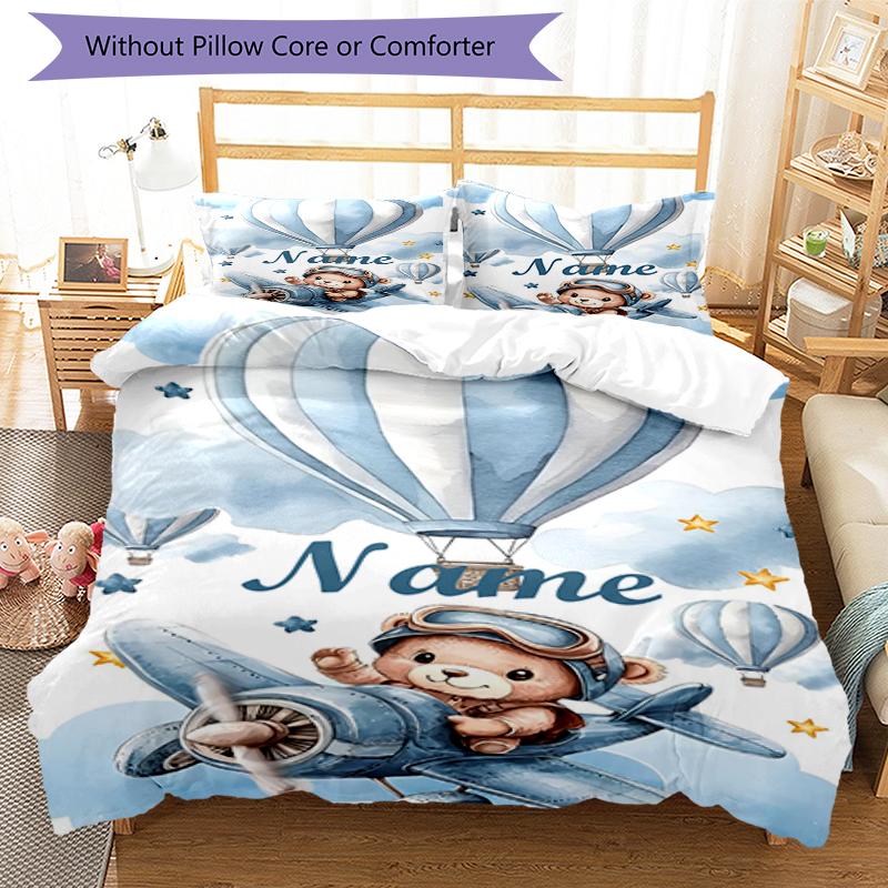 Conjunto de Roupa de Cama com Urso e Nome Personalizado 3 Peças Capa de Edredom com Fecho Inclui 1 Capa de Edredom e 2 Fronhas, Macio e Confortável para Todas as Estações.