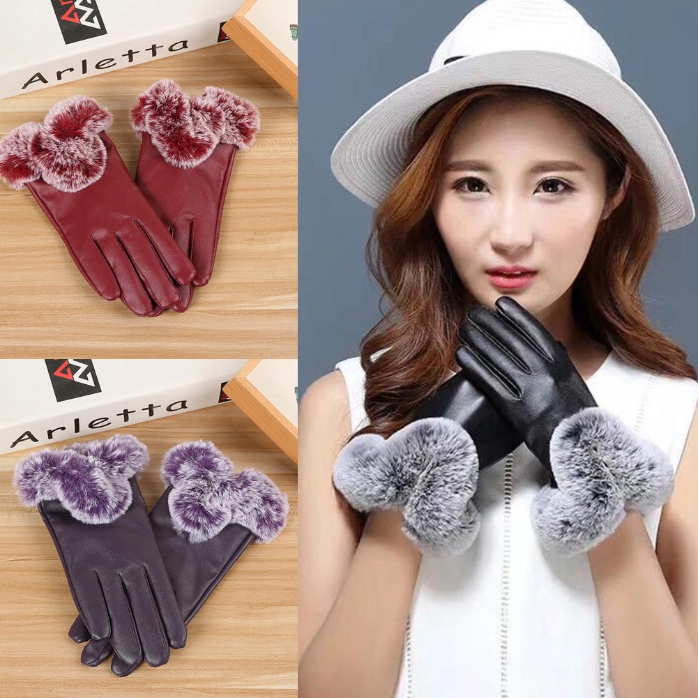 Women Winter Gloves Faux Rabbit Fur PU Leather Touch Screen Mittens Lady Female Outdoor Driving Warm Gloves