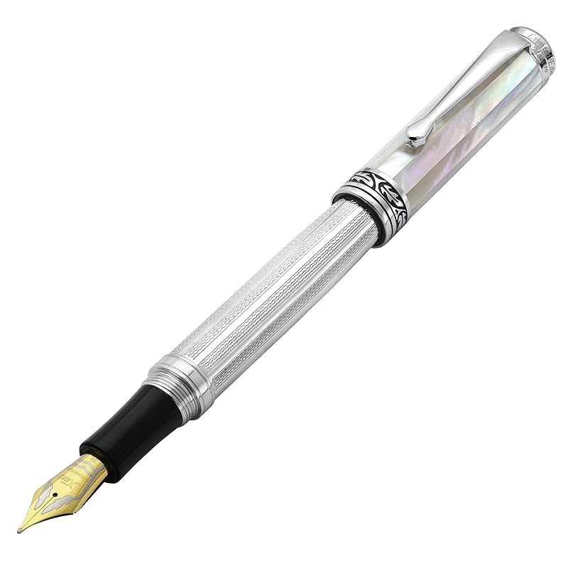 

Xezo Maestro Fountain Pen, Medium Fine Nib (0.45mm Line), Gift of Writing Series, 925 Sterling Silver and White Mother-of-Pearl, Handcrafted and