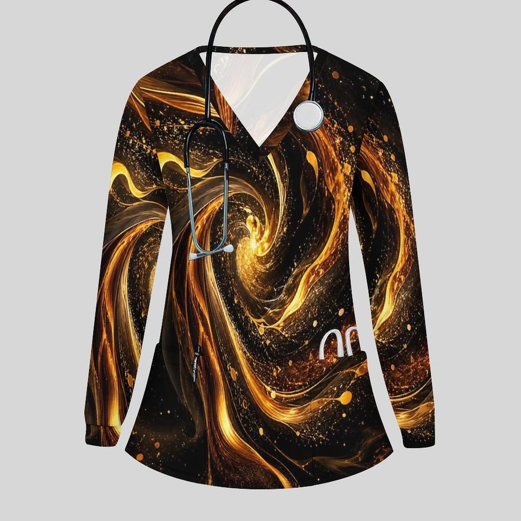 Women Plus Size Teal Black Gold Marble Printed Nurse Scrub Top V Neck Long Sleeve With Front Pockets