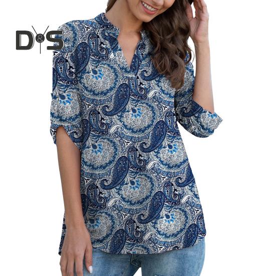Women Shirt V-neck 3/4 Roll-Up Sleeves Lightweight Tops Flower Print Flowy Hem Tunic Tops Daily Wear