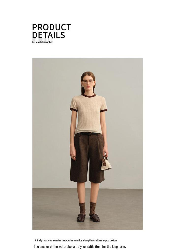 Women's 100% Wool Short-Sleeve Color Block Sweater - Warm, Comfortable, Versatile Round Neck Base Layer Knitwear for Autumn/Winter.