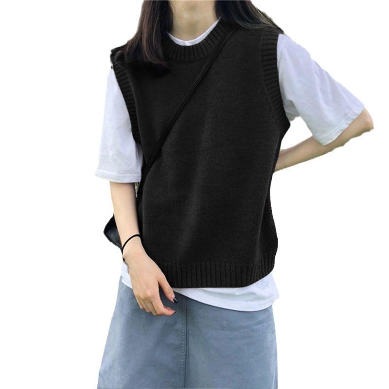 Podzimní pletená vesta s kulatým výstřihem v jednobarevné barvě Dámská vesta Podzim Zima