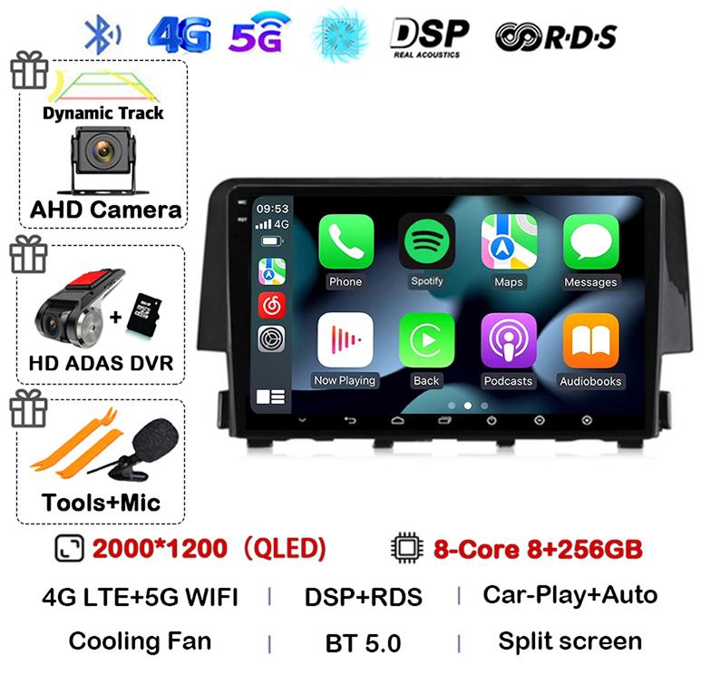 Android 14 Wireless Carplay Auto For Honda Civic 2016 2017 2018 2019 2020 Car Radio Stereo Multimedia Player GPS 4G+WIFI DSP