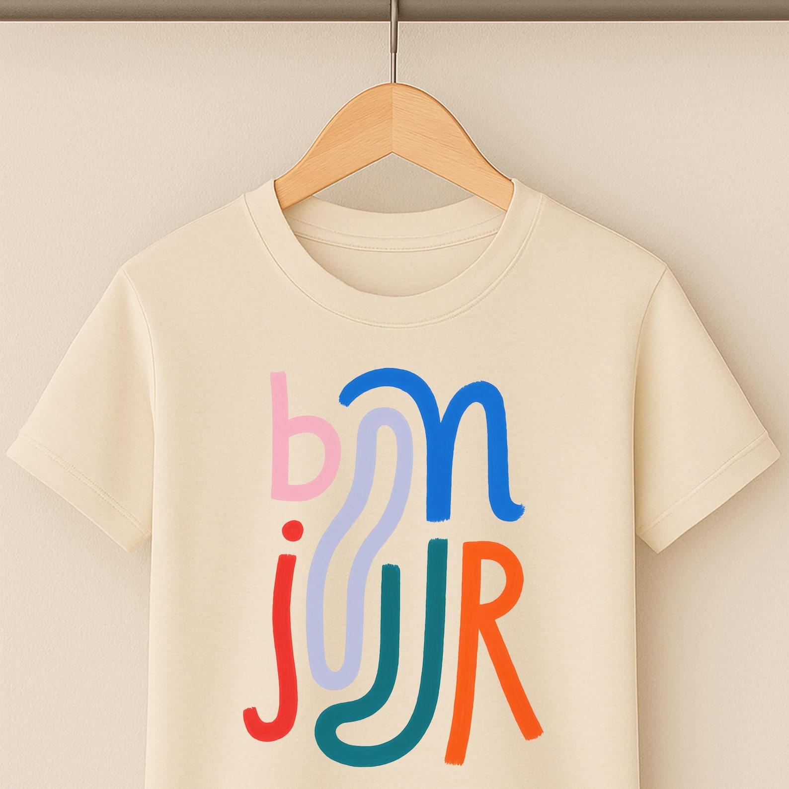 Bonjour T-Shirt – Abstract French Greeting, Colorful Graphic Tee S