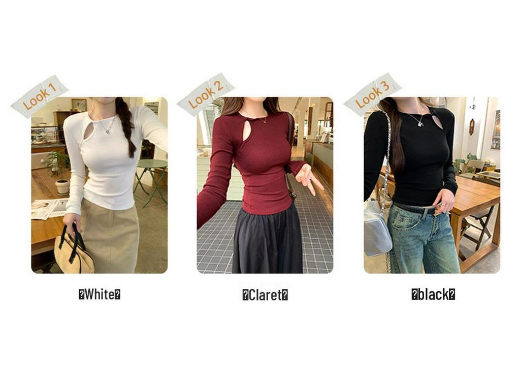 Women's Slim Fit Long Sleeve T-shirt - Pure Desire Collection: Hollow Round Neck, Drop Shoulder, Inner Layer for Autumn/Winter