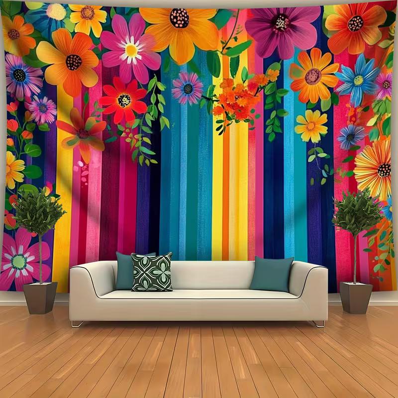 2D Multicolor Flower Tapestry with Rainbow Stripes for Modern Living Room Decor