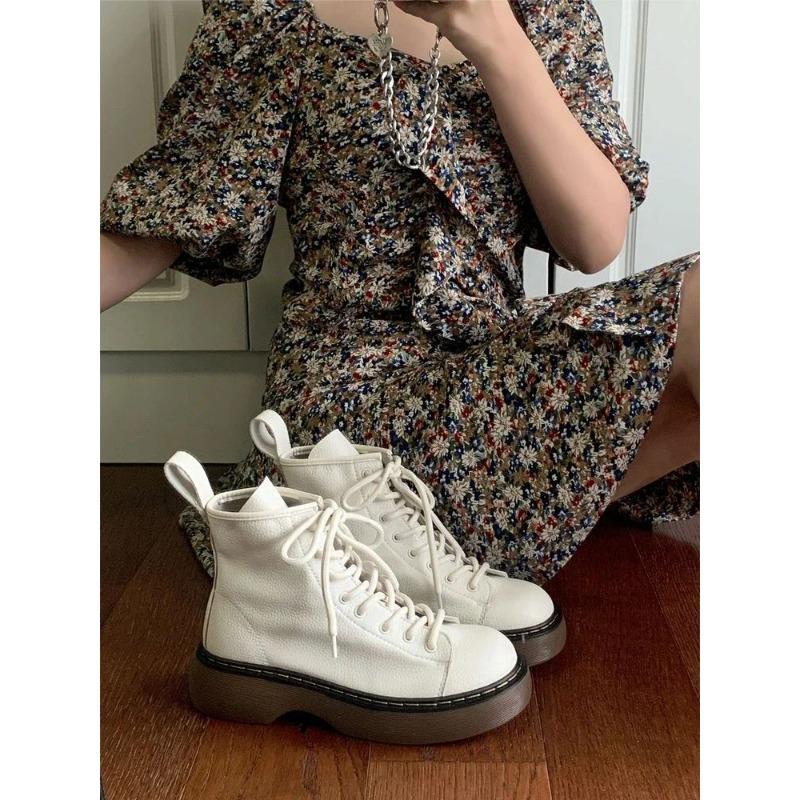 Booties with Laces Short Shoes for Women White Lace-up Footwear Biker Female Ankle Boots Round Toe Spring 2025 On Promotion Goth