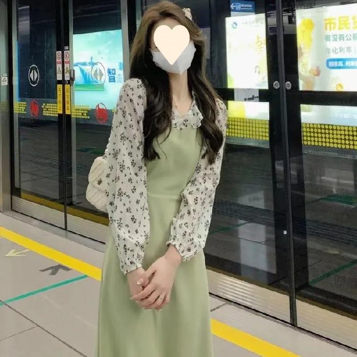 

Autumn new floral dress fake two-piece gentle long dress design sense niche splicing versatile skirt S