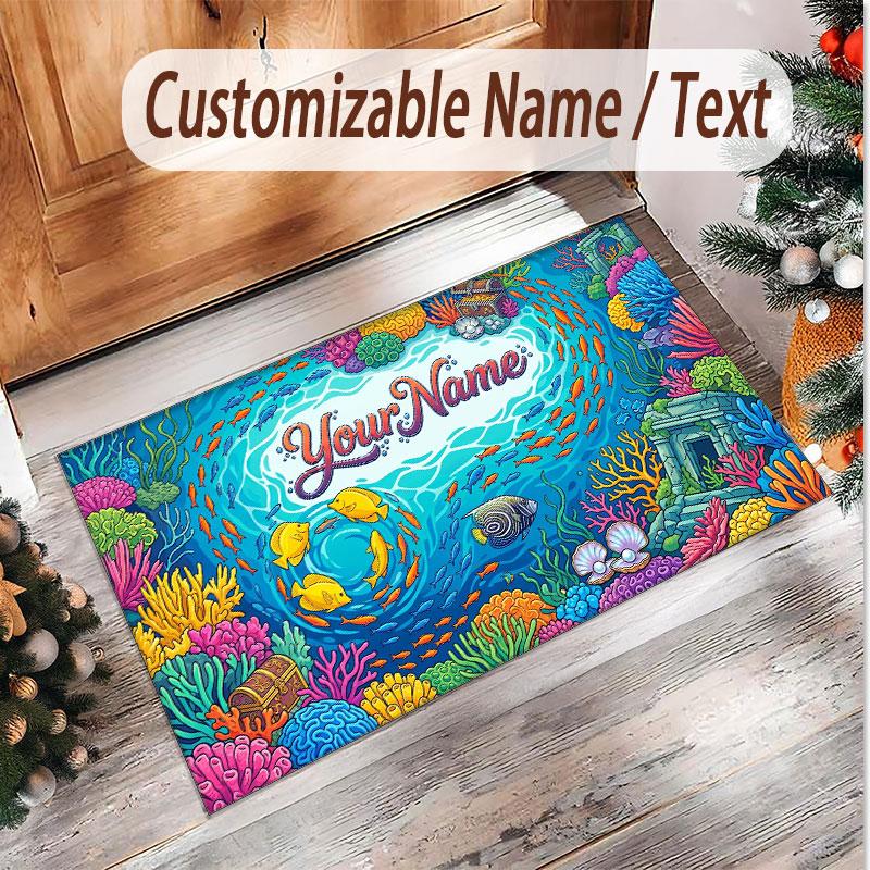 Fish Ocean Theme Soft Crystal Velvet Rug Custom Name & Text Print Non Slip Floor Rug for Bedroom Living Room