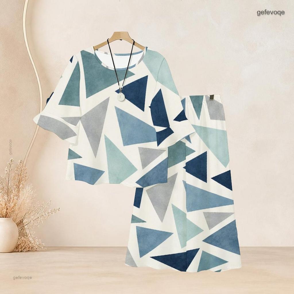 Women Plus Size Round Neck Flared Half Sleeve Top Black White Printed Long Pants Two Piece Set