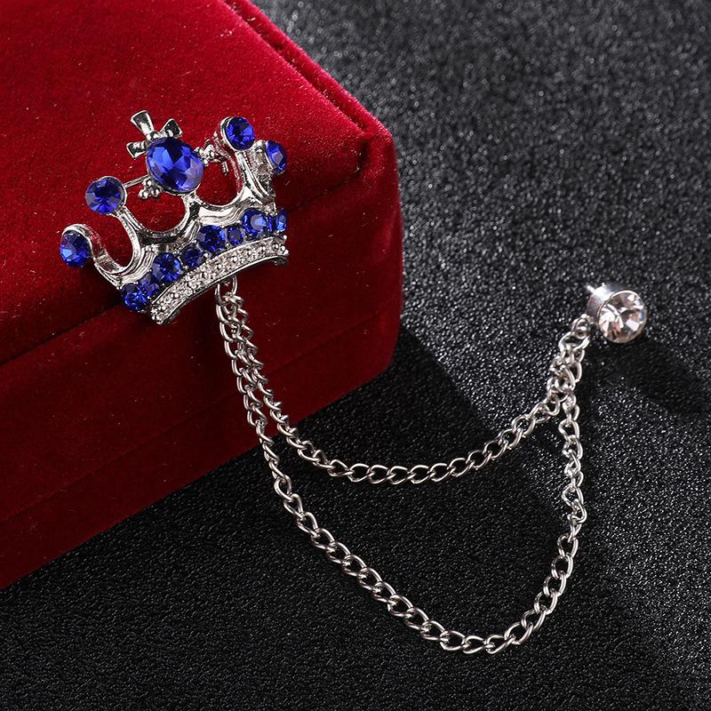 High-end Brooch Crown Crystal Rhinestones Brooches Tassel Chain Lapel Pin British Style Men's Suit Shirt Collar Luxulry Jewelry