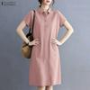 ZANZEA Women Casual Turn Down Collar Solid Color Short Sleeve Shirt Dress