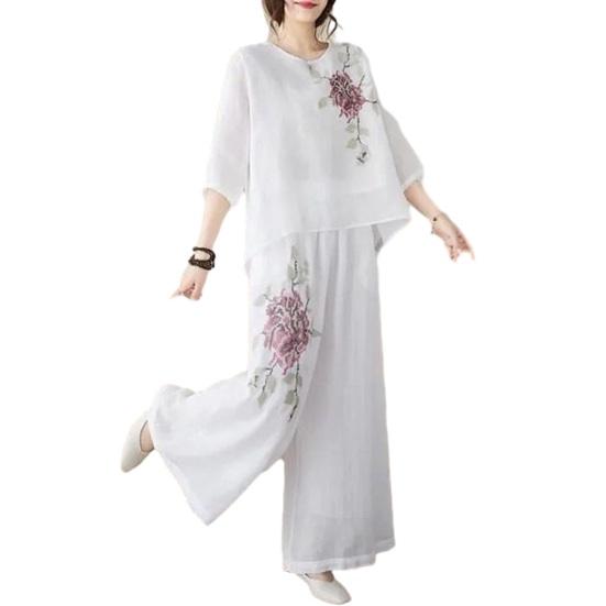 Conjuntos Femininos de 2 Peças Mangas 3/4 Camisas Bordadas Vintage Calças de Perna Larga Conjunto de Verão Algodão Linho Casual Conjunto Combinando