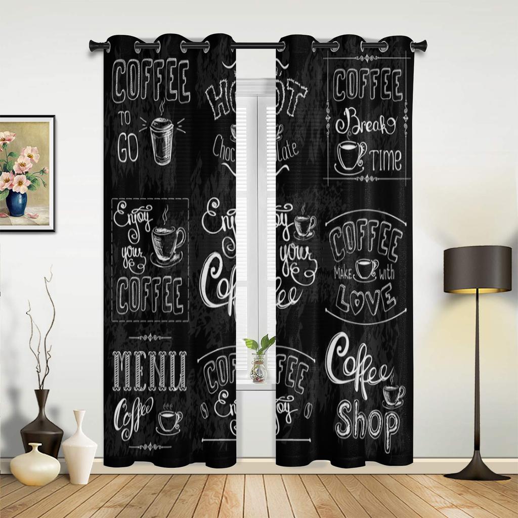 Cafea Text Graffiti Fundal Negru Perdele pentru Fereastră pentru Sufragerie Dormitor Decor Interior Bucătărie pentru Draperii