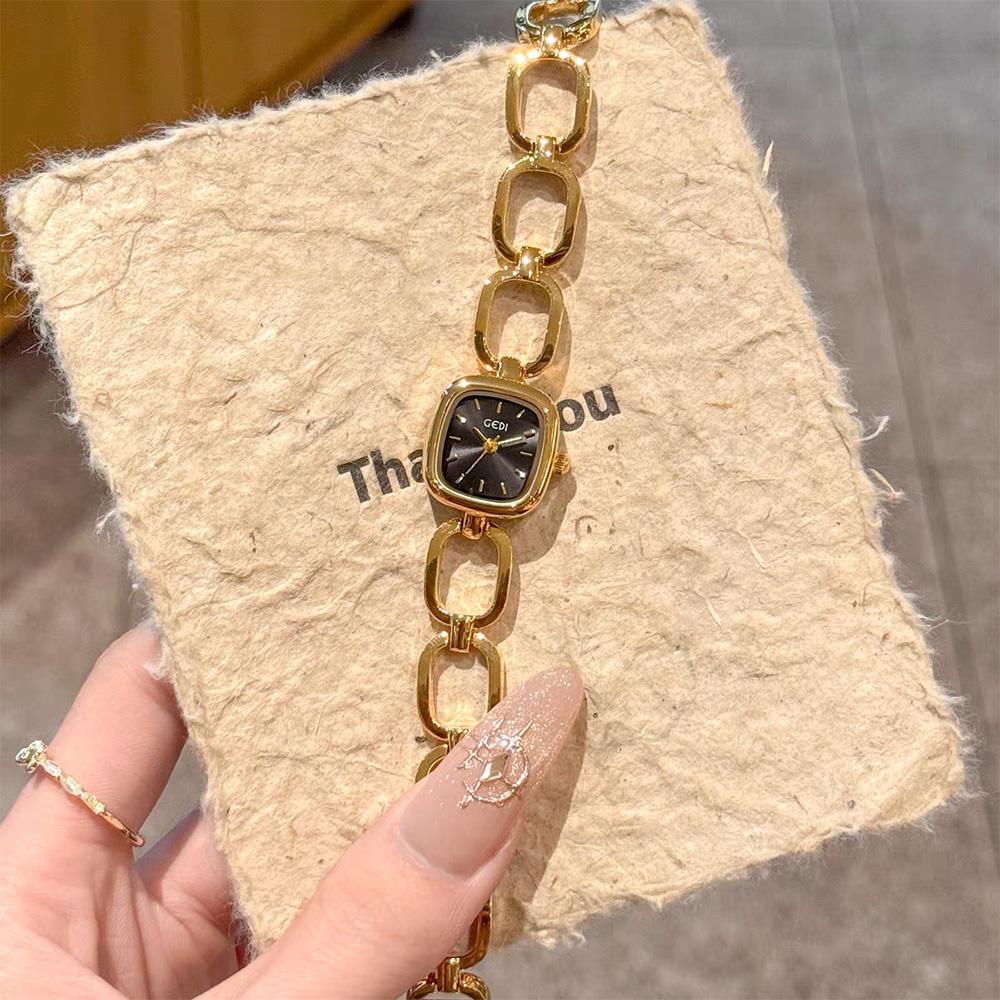 GEDI Light Luxury Fashionable Watches For Woman Gold Square Dial Hollowed Out Bracelet Women's Quartz Wristwatches Clock Gifts