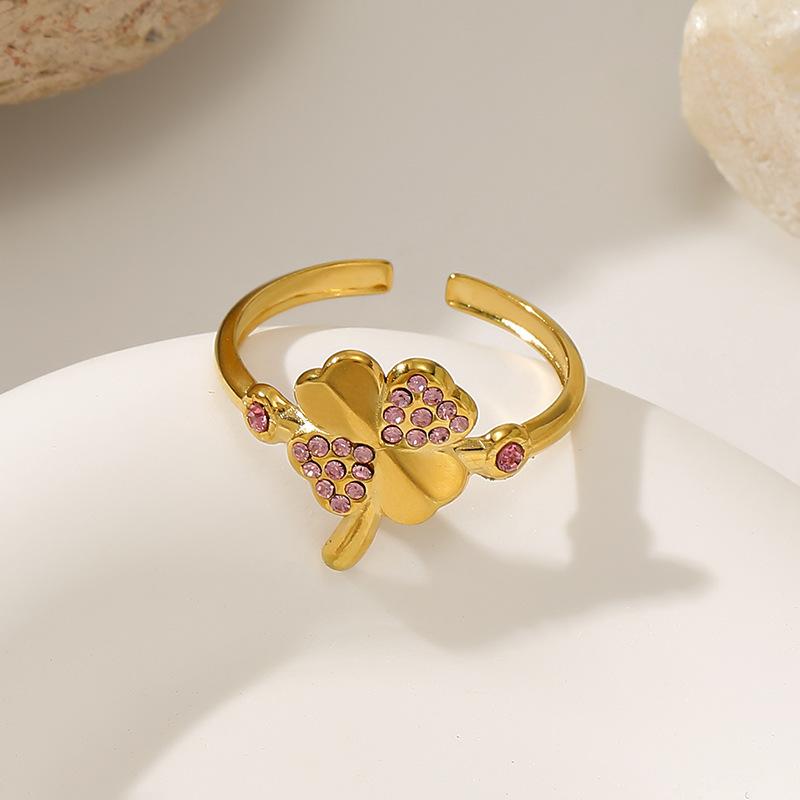 Stainless Steel Four-leaf Clover Open Ring Women's Gold-plated Diamond-set Light Luxury Niche Design Fashion Ring Zircon Jewelry