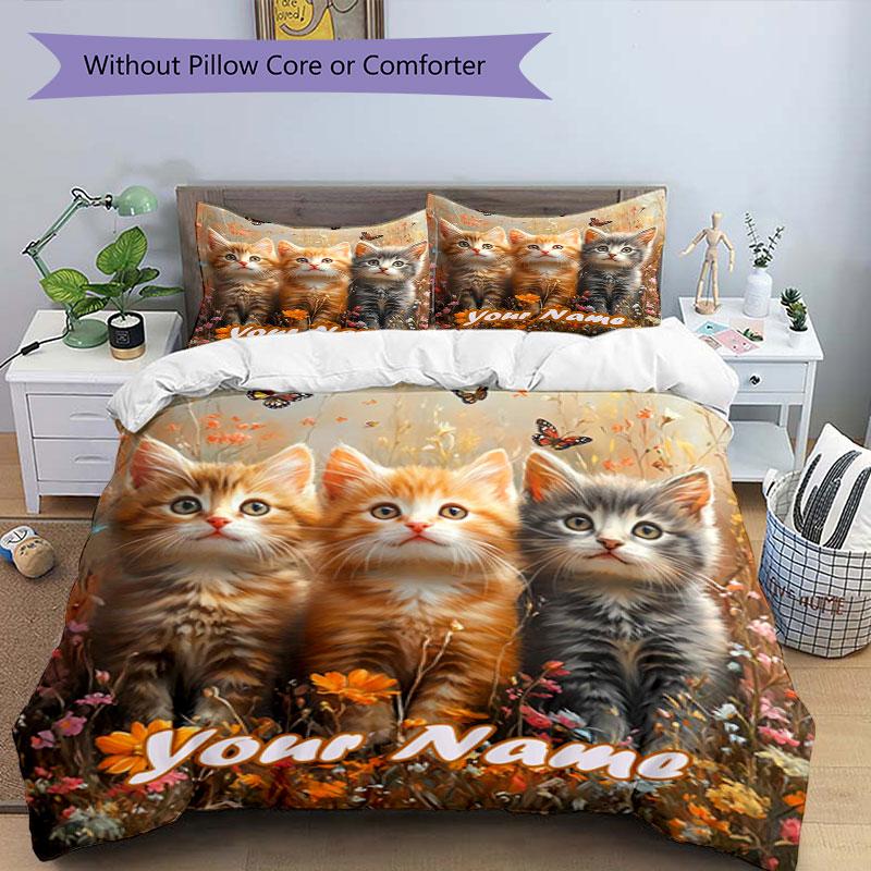 3PC Custom Name Kittens Garden Bedding Set Printed Bedding Set Duvet Cover Closure Includes 1 Duvet Cover & 2 Pillowcases for All Seasons Bedroom
