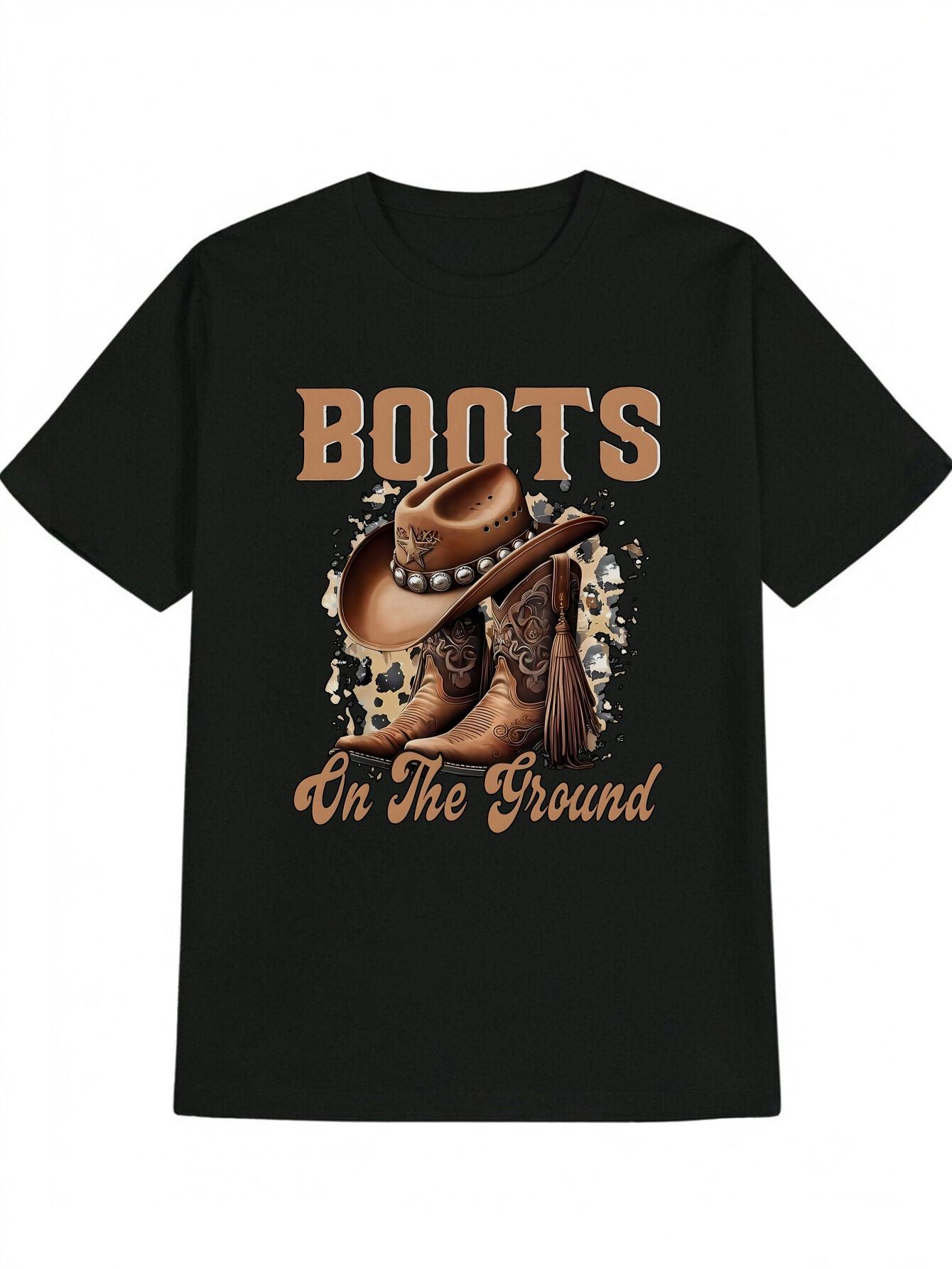 Casual Graphic T-shirt - Western Cowboy Boots & Hat Print with Boots On The Ground Slogan XXL