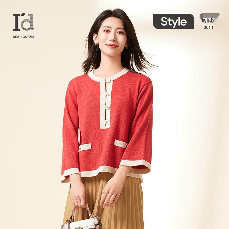 Chic Color-Block Round Neck 3/4 Sleeve Top M красный