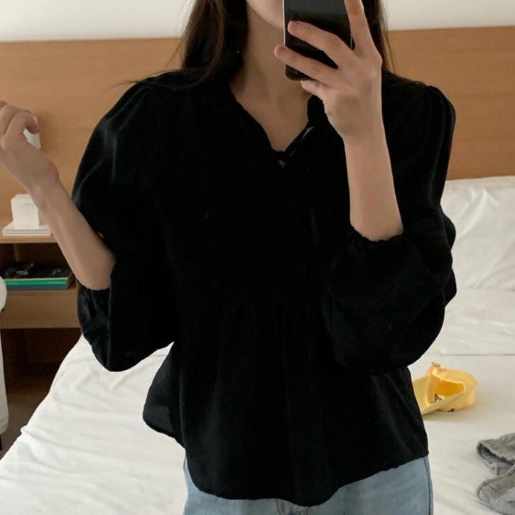 Autumn 2025 Women's Korean Ruffle Tie-Up Puff Sleeve Loose Shirt