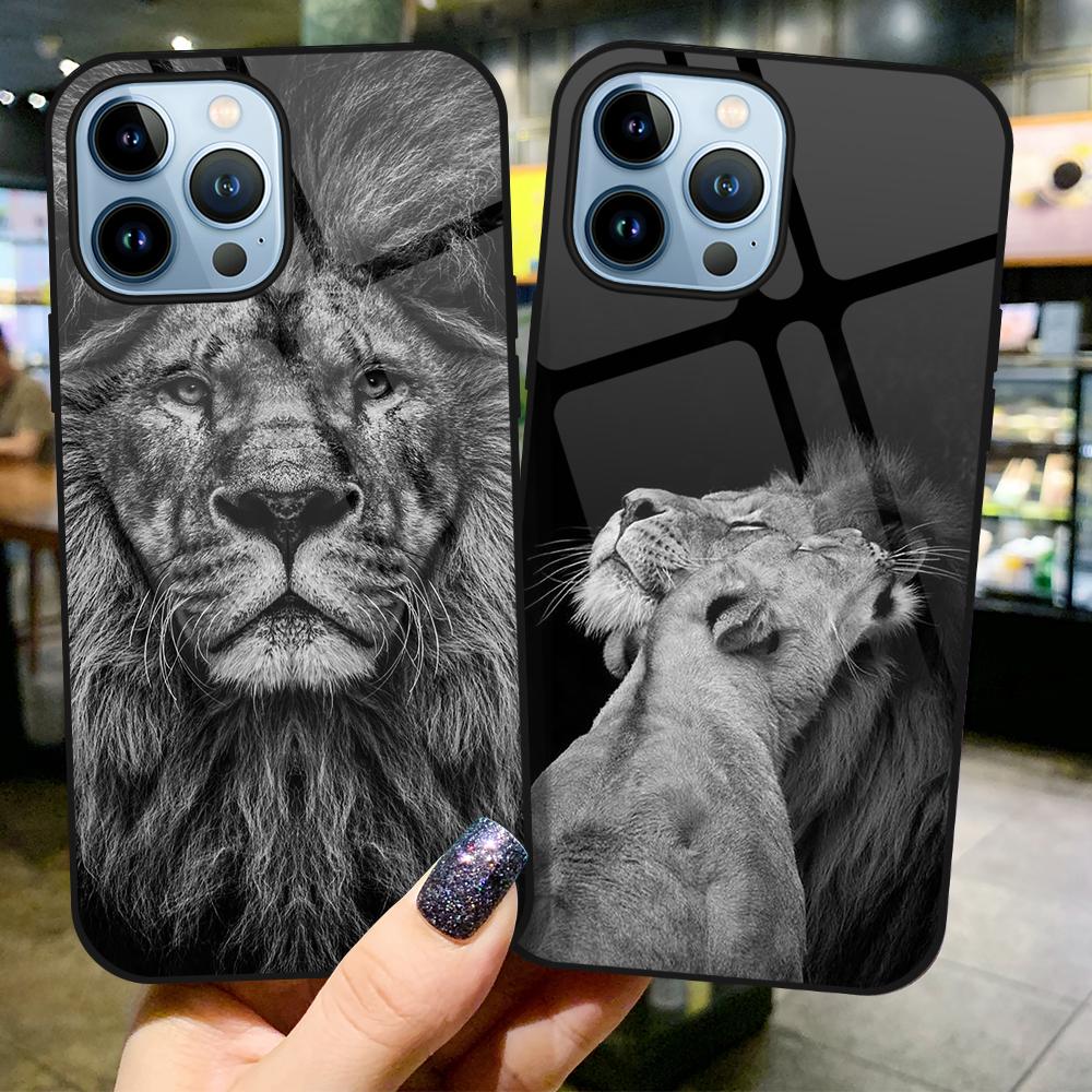 Löwe-Telefonhülle aus gehärtetem Glas für iPhone 14 13 11 12 Pro Max Mini Xs Xr
