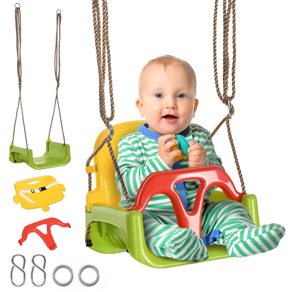 3 in 1 Detachable Kids Swing Seat with Safety Belt, Adjustable Rope for Indoor, Outdoor, Playground, Garden, Green