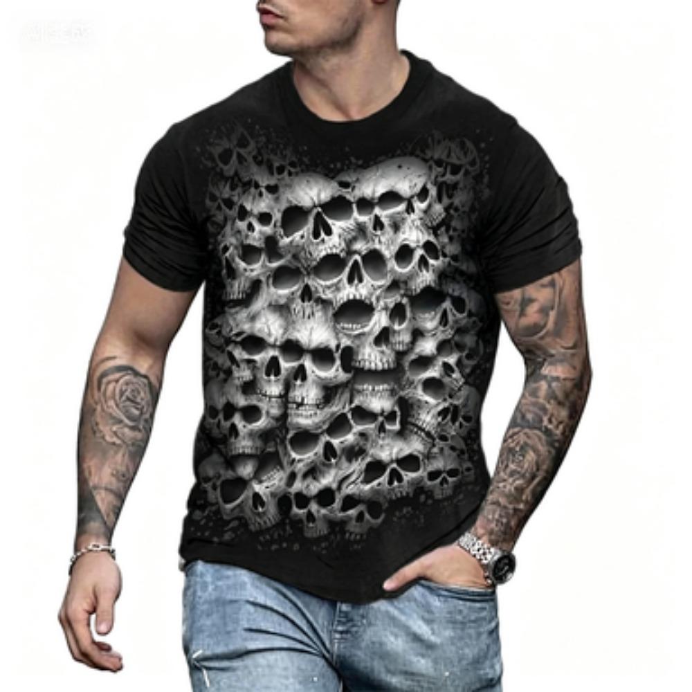 T-shirt alla moda da uomo con teschio gotico 3D Nera Girocollo Manica Corta Stile Streetwear Halloween Accattivante Moda Casual