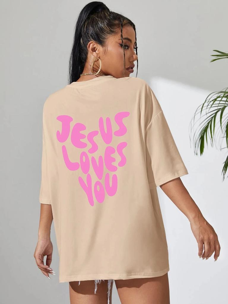 Jesus liebt mich Briefdrucke Damen Baumwoll-T-Shirts Mode O-Ausschnitt Oversize-Oberteile Lässig Locker Weich Kurzarm Damenbekleidung