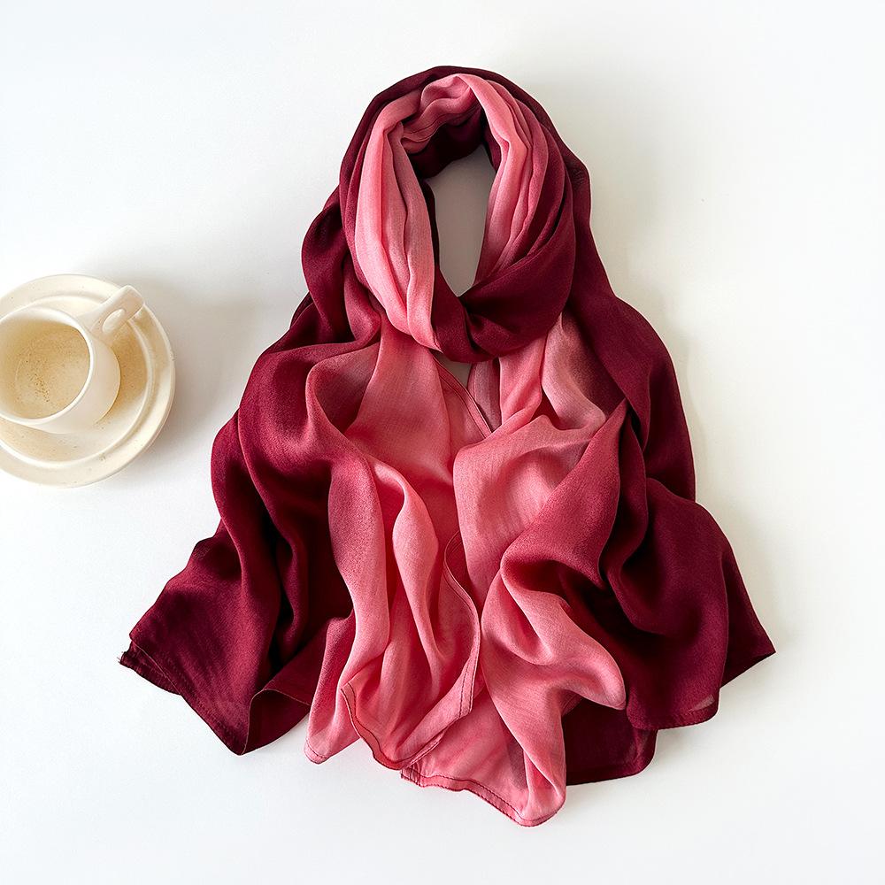 New Retro Cotton and Linen Scarf Rainbow Color Gradual Change Scarf Solid Color Silk Scarf Shawl Women's Versatile Pleated Silk Scarf