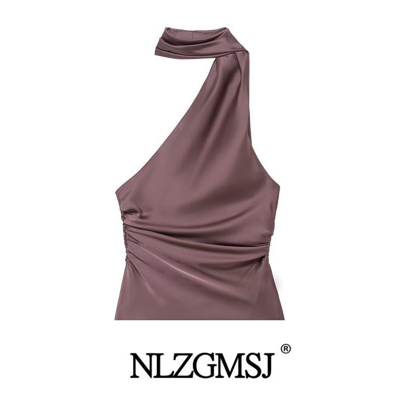 Winter 2025 European Silk Satin Scarf-Style Halter Top XS