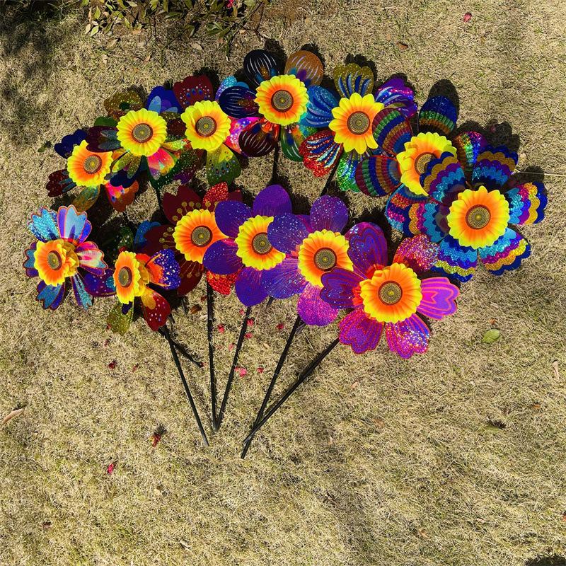 1Pcs Outdoor Kid Toy Sequin Flower Shaped Laser Handheld Windmill Home Garden Decoration Wind Spinner Whirligig Yard Decor