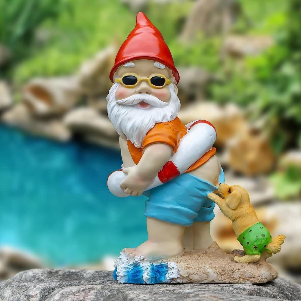 Puppy Bites Gnome Resin Sculpture Outdoor Garden Lawn Fountain Swimming Pool Ornament Bathroom Decoration