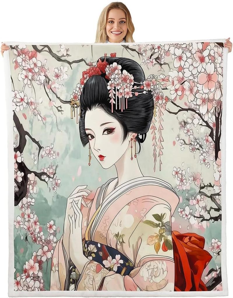 GUOYU Blanket Kids Japanese Geishas Fleece Throw Blanket Queen Boys Girls Cherry Blossoms Plush Blanket Japanese Style Sherpa Blanket Japanese