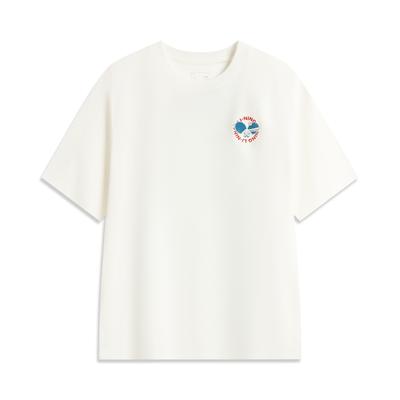 Li Ning Sportinio gyvenimo būdo serijos Paprastas užrašas Apvalia iškirpte Laisvi trumpomis rankovėmis Marškinėliai Unisex Viršūnės Pieno baltumo AHSV745-1