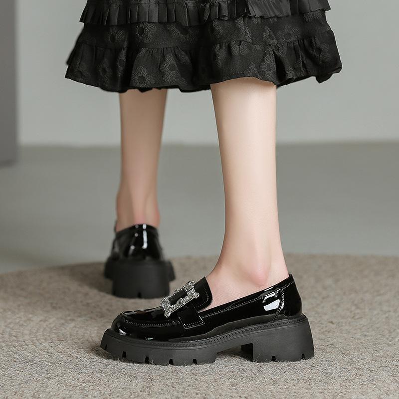 Rhinestone Buckle Small Leather Shoes Woman Japanned Oxford Platform Flats Ladies Thicken Sole Loafers Wide Feet Sneakers Female