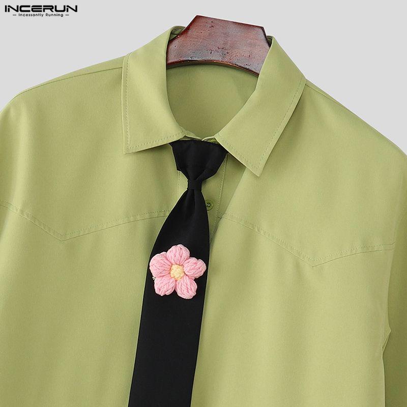 INCERUN Oversized Men Tie Up Neck Short Sleeve Flowers Casual Loose Shirts