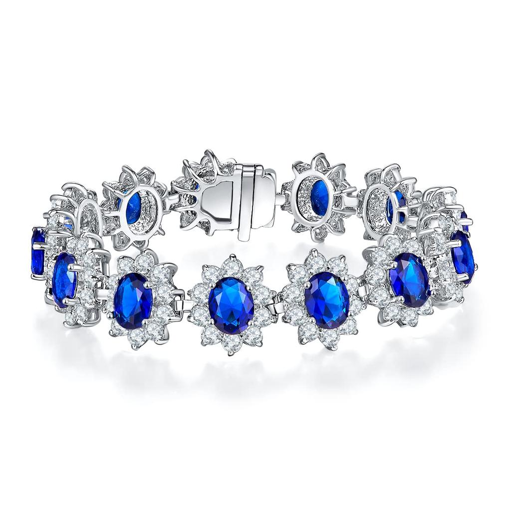 LAVINA Royal Inspired Sophisticated Luxury Oval Cut CZ Diamond Bracelet for and Proms Weddings, Parties, (Small, Blue)