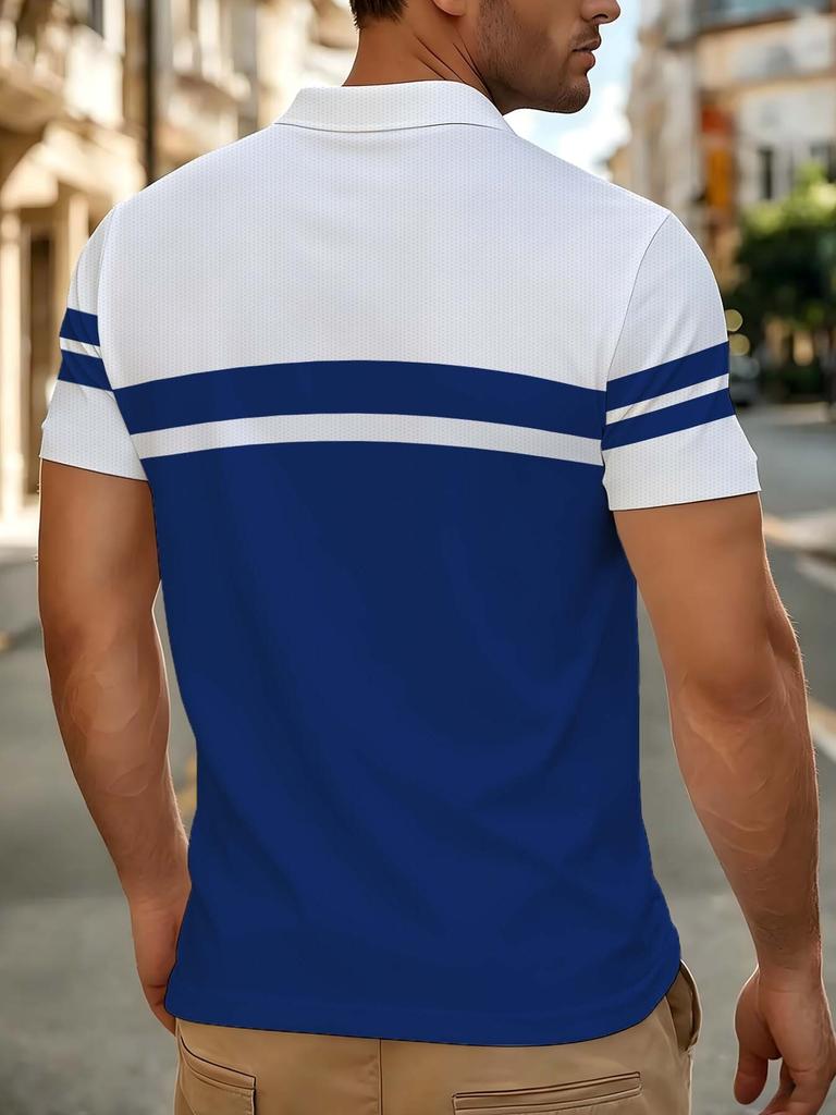 Men's Outdoor Polo Shirt, Available in Multiple Sizes, Featuring a White and Blue Color-blocked Horizontal Stripe Patchwork, with Double Stripe
