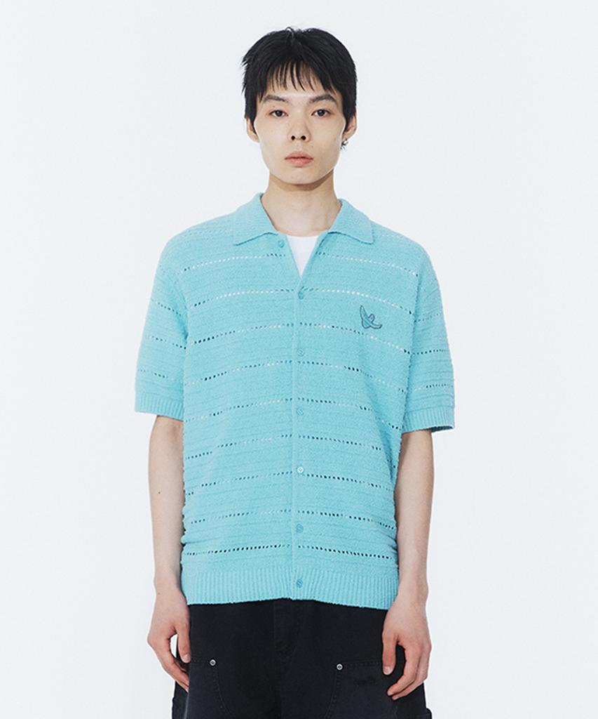 MARK GONZALES Crochet Short Sleeve Knit Cardigan - Teal Blue