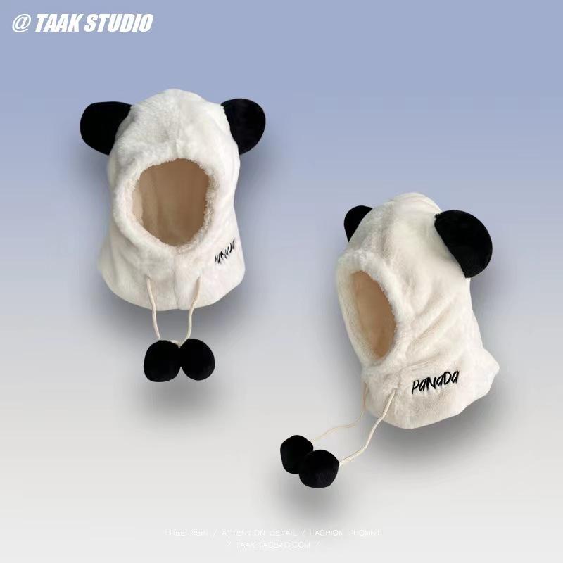 Cute Panda Lei Feng Hat Women's Season Warm Versatile Student Plush Ear Protection Hat Scarf Integrated Three-piece Set