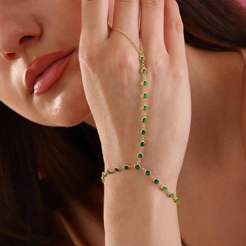 

Fairy Colorful Rhinestone Connected Finger Bracelet For Women Versatile Multi Layer Hand Chain Jewelry Gold plated зелений