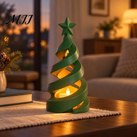 Festive PLA Plastic Art 3D Printed Christmas Tree Candle Holder, Spiral Small Shaped Compact Desktop Holiday Figurine Tealight Stand, Dining