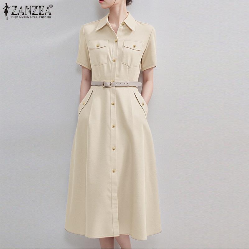 ZANZEA Women Casual Turn Down Collar Loose Short Sleeve Shirt Dress