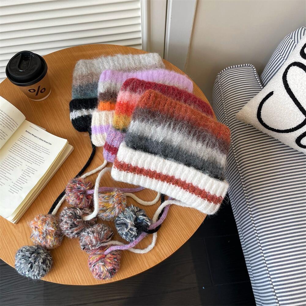 Korean Niche Retro Plush Striped Knitted Hat for Women In Autumn and Winter Warm Ear Protection Hat Handmade Dopamine Wool Hat