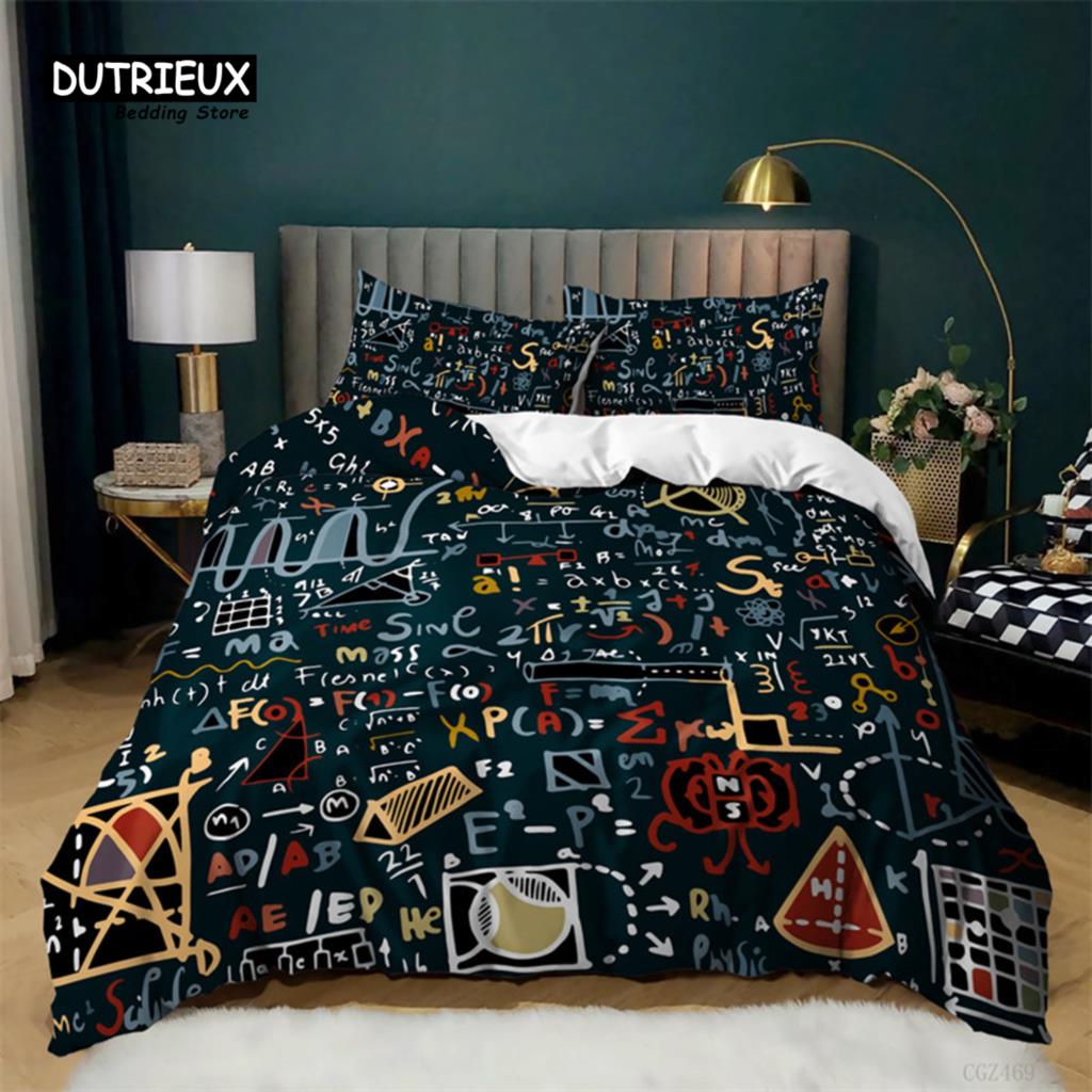 Math Equation Duvet Cover Set King Size Mathematics Formula Pattern Bedding Set For Boys Girls Polyester Educational Quilt Cover