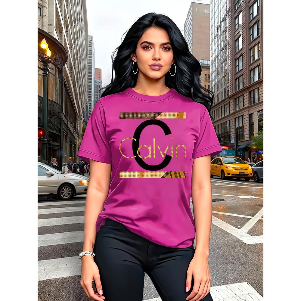 Calvin Brevtryck Dam T-shirt - Guld Grafik Grön Casual Topp